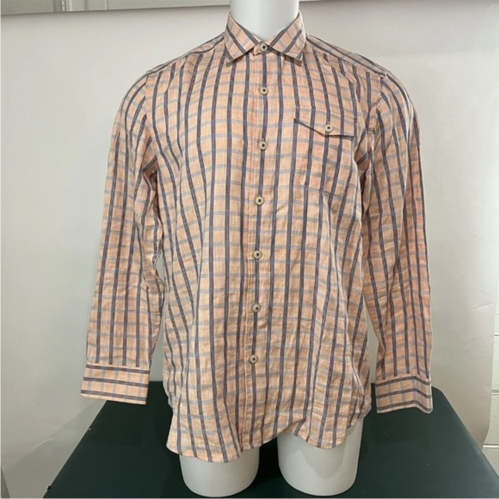 Tommy Bahama Shirt Medium Mens Peach Plaid Island Modern Fit (150)